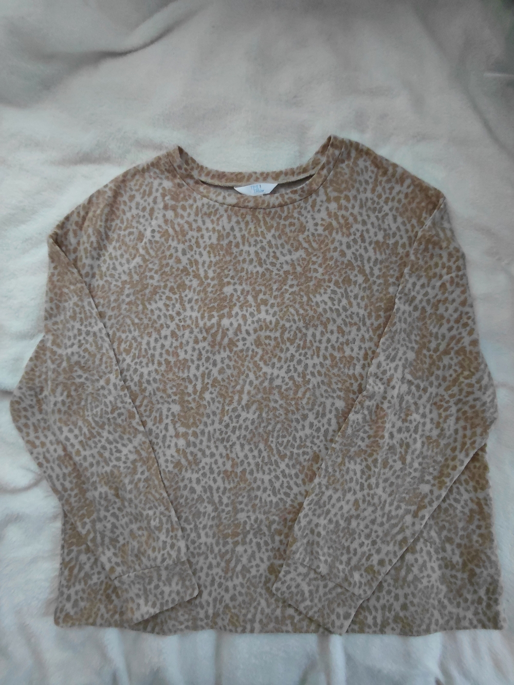 Neutral Leopard Print Hacci Crew Neck Long Sleeve Sweater Women's L
